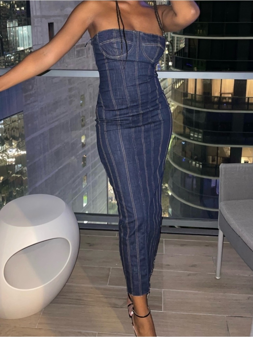 Zara Dark Blue Denim Strapless Midi Dress